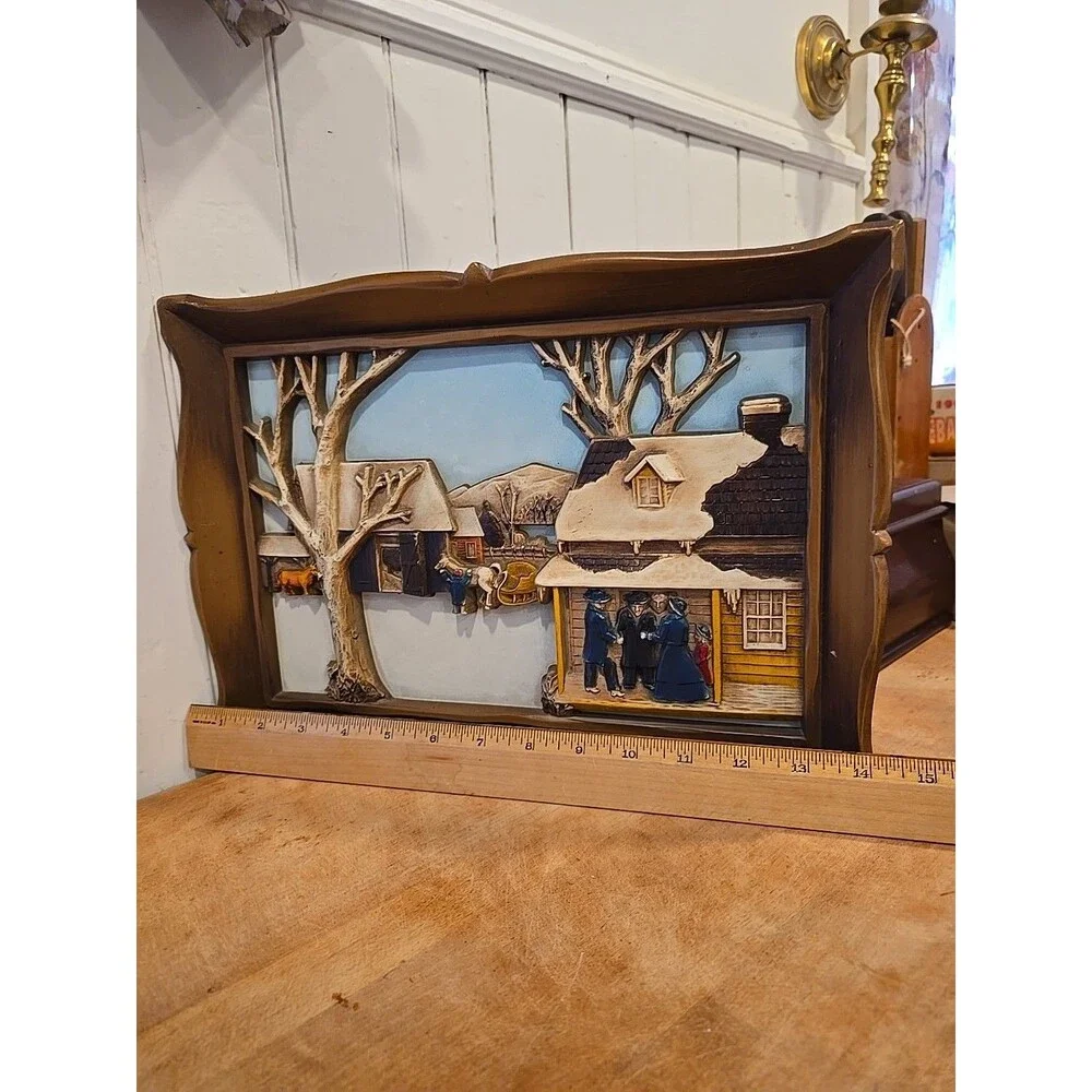 Vintage 1960s Syroco Wall Plaque Thanksgiving Visit 3D Farmhouse Cottagecore 14